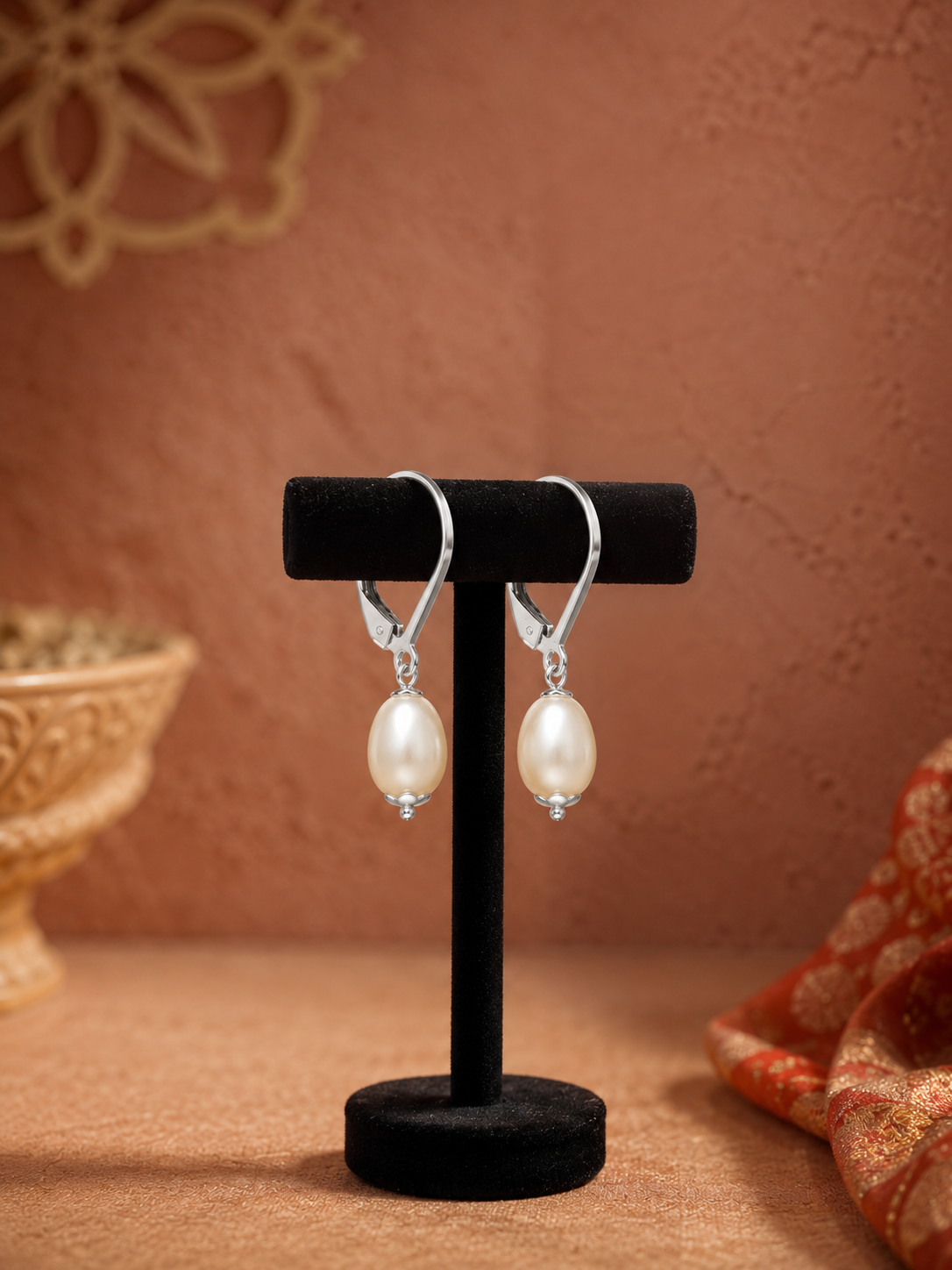 Silver Earring with Fresh Water Pearls Drop