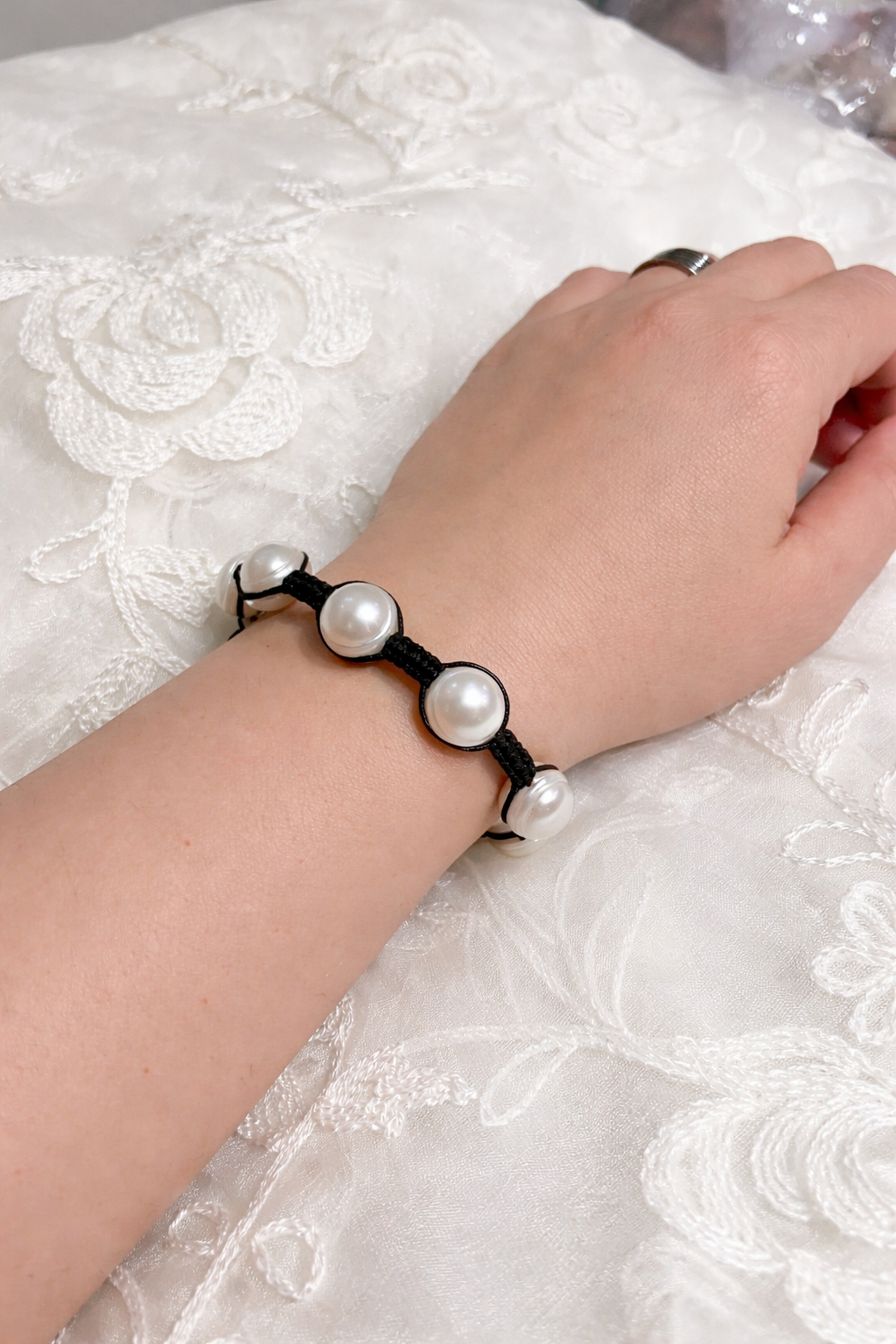 Beautiful Fresh Water Pearl Bracelet in Black Thread - Image 2