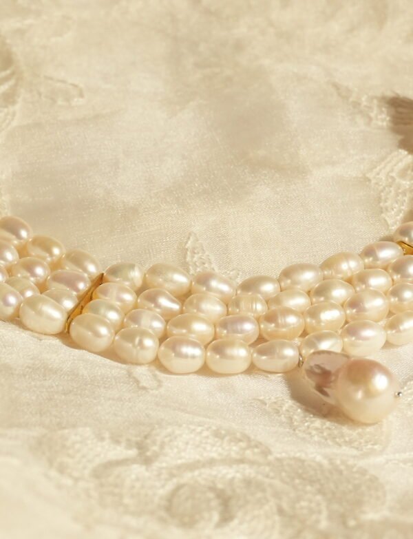 Fresh Water Pearl 4 Line Choker Necklace With Safara Thread & Earrings