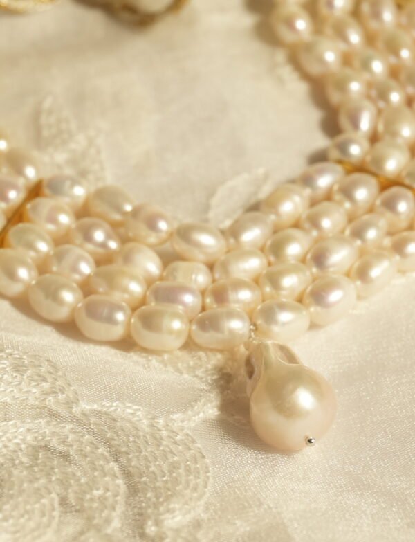 Fresh Water Pearl 4 Line Choker Necklace With Safara Thread & Earrings