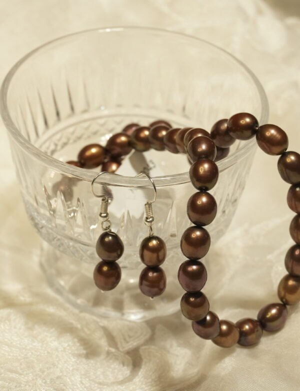 Brown Fresh Water Pearl Necklace with Metal Earrings