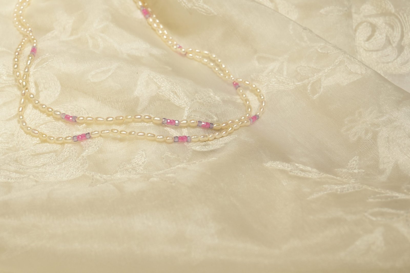 Fresh Water Pearl 2 Line Necklace With Metal Earrings & Pink Stones - Image 3