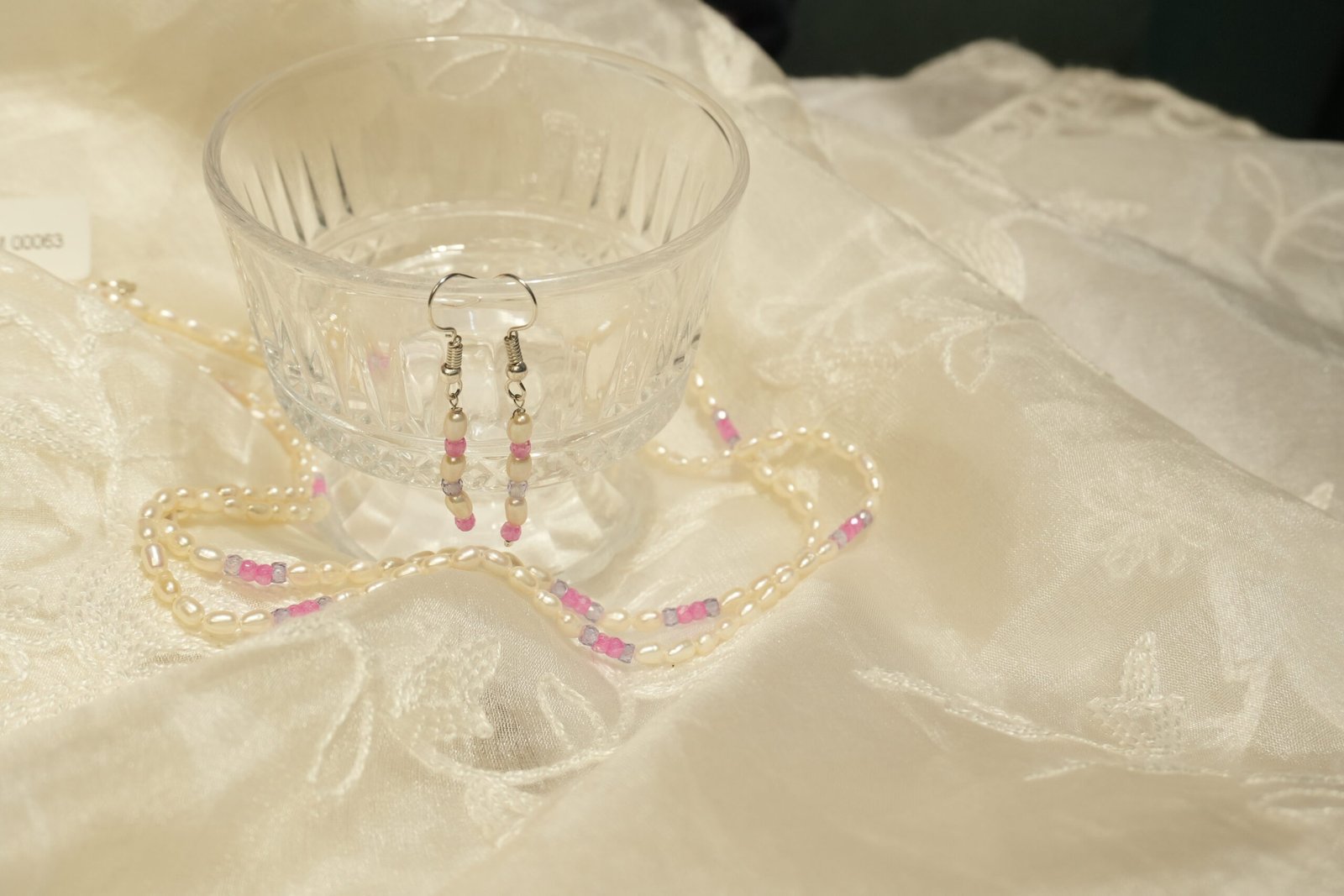 Fresh Water Pearl 2 Line Necklace With Metal Earrings & Pink Stones - Image 2