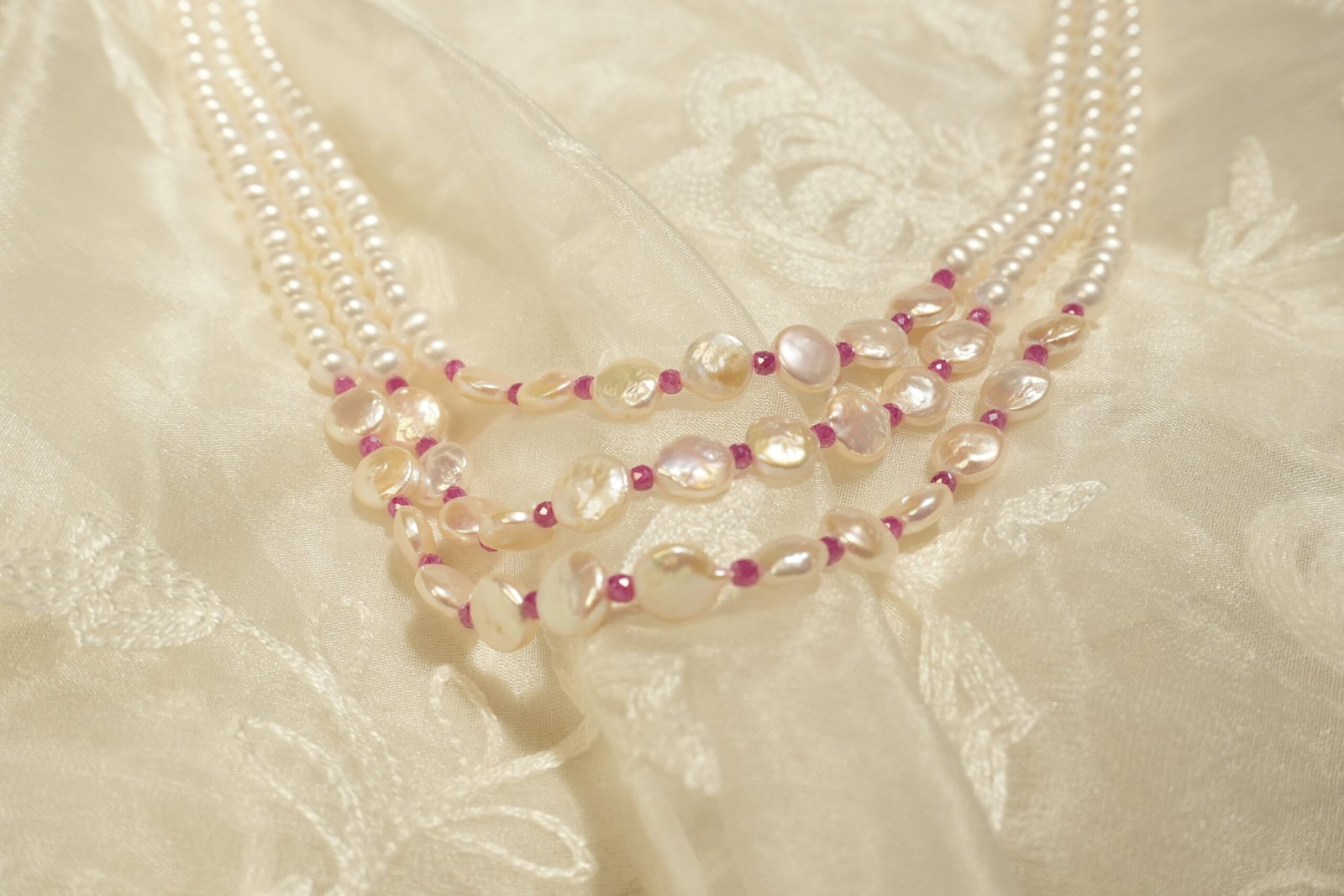 Fresh Water Pearl 3 Line Nacklace with Pink Imitation Stones - Image 5