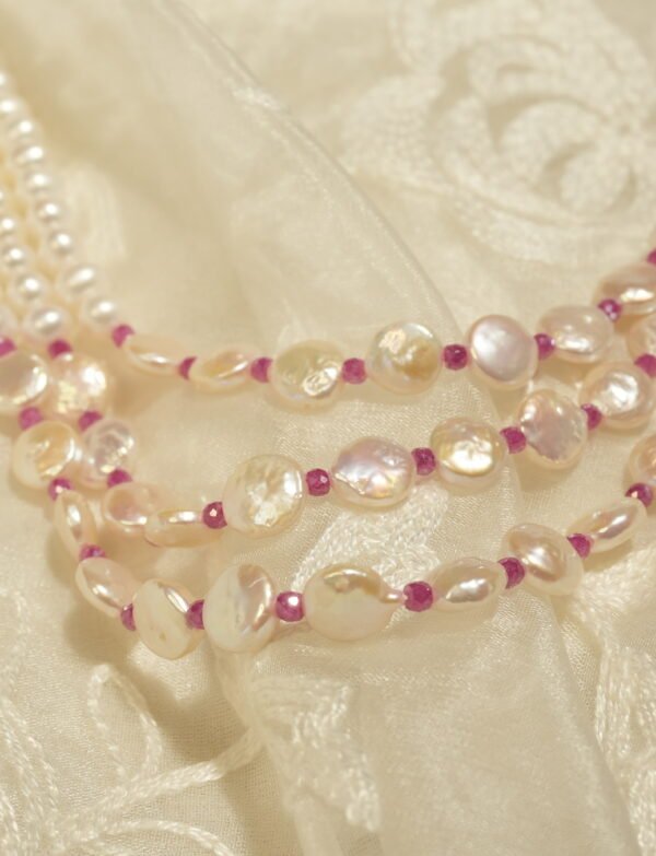 Fresh Water Pearl 3 Line Nacklace with Pink Imitation Stones