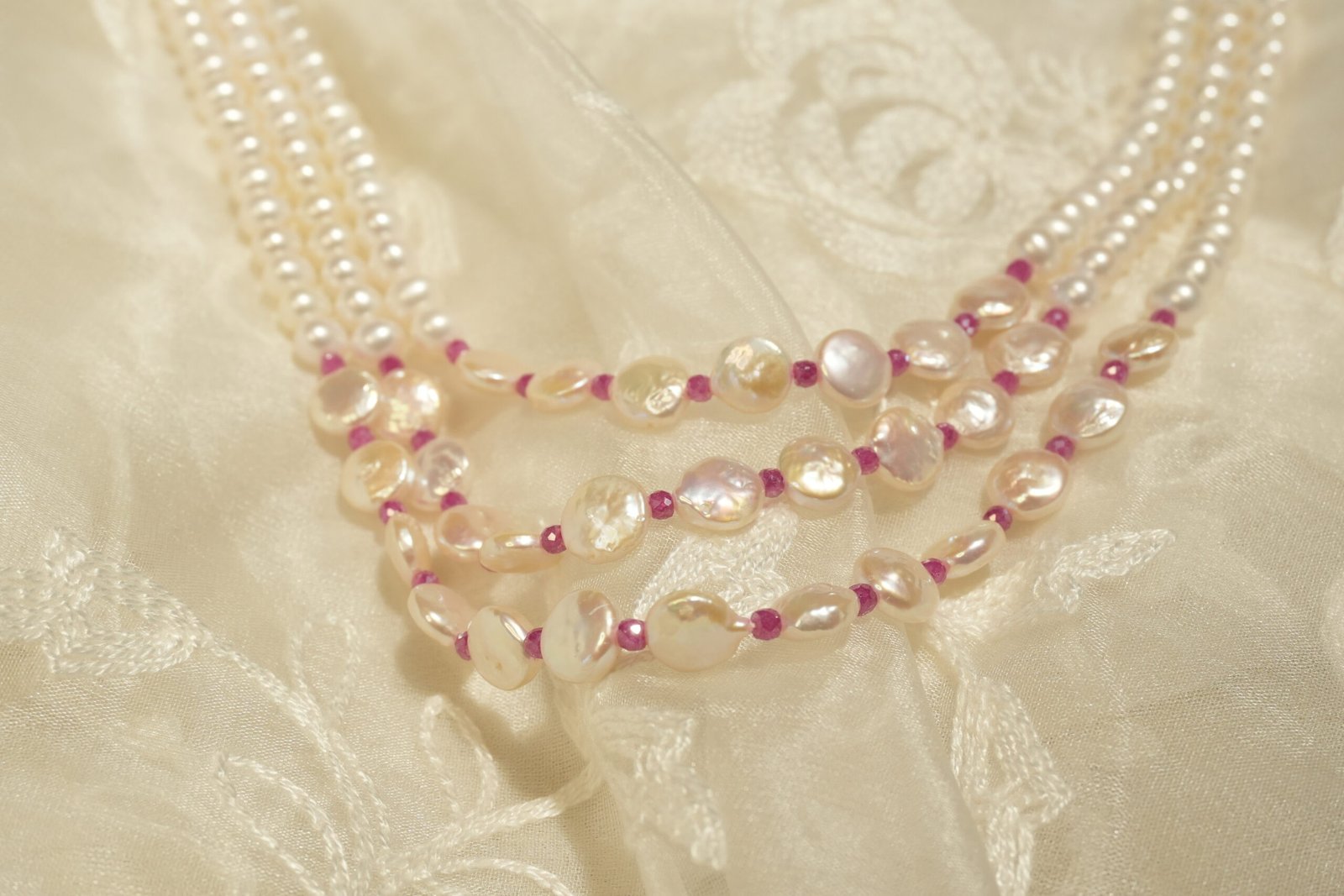 Fresh Water Pearl 3 Line Nacklace with Pink Imitation Stones