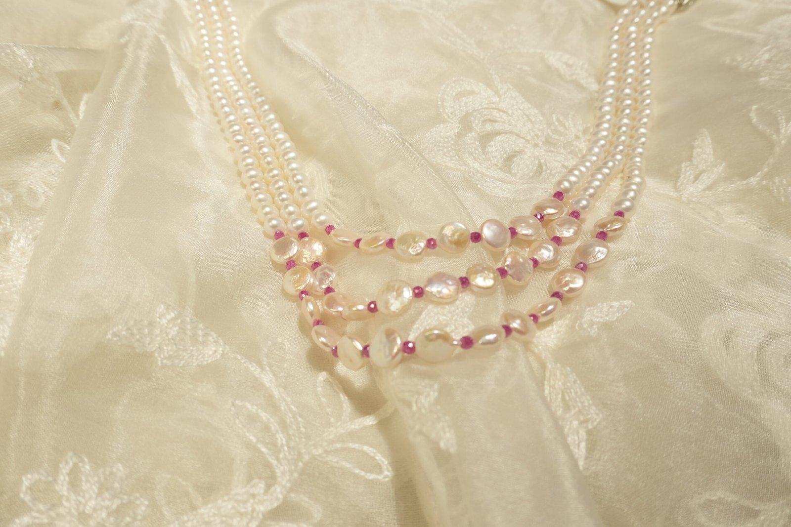 Fresh Water Pearl 3 Line Nacklace with Pink Imitation Stones - Image 3