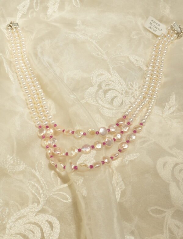 Fresh Water Pearl 3 Line Nacklace with Pink Imitation Stones