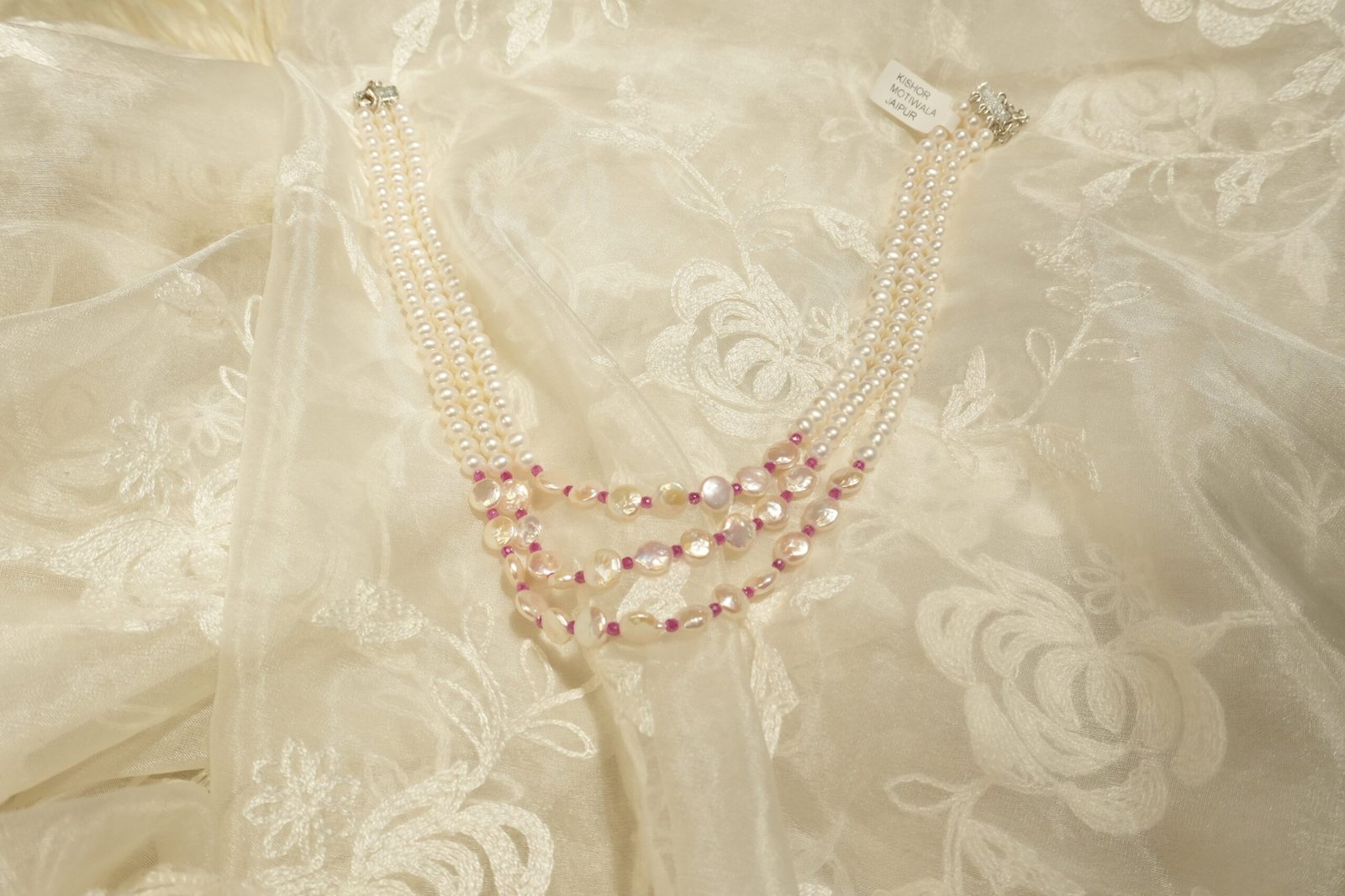 Fresh Water Pearl 3 Line Nacklace with Pink Imitation Stones - Image 2