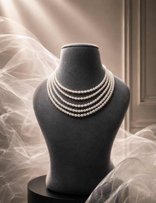 Rice Pearl 5 Line Necklace With Metal Clasp
