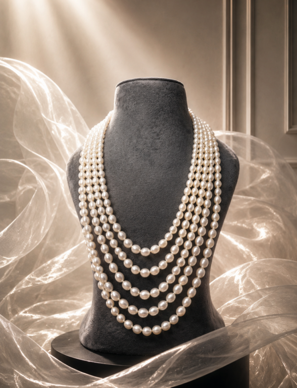 Fresh Water Pearls 5 Line Graduation Necklace With Basra Color Olden Look In Sarafa Thread