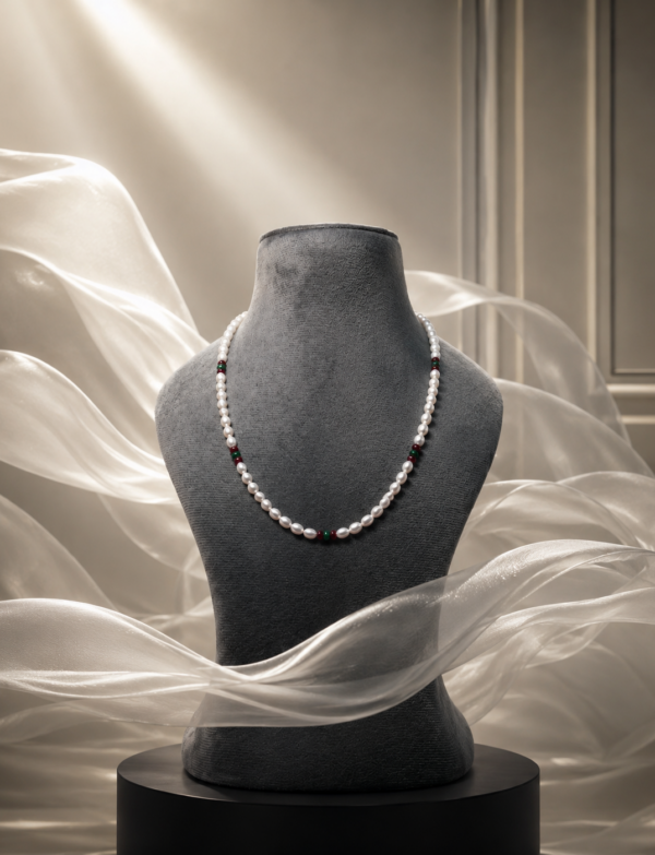 Freshwater Pearl Necklace with Ruby & Emerald Accents